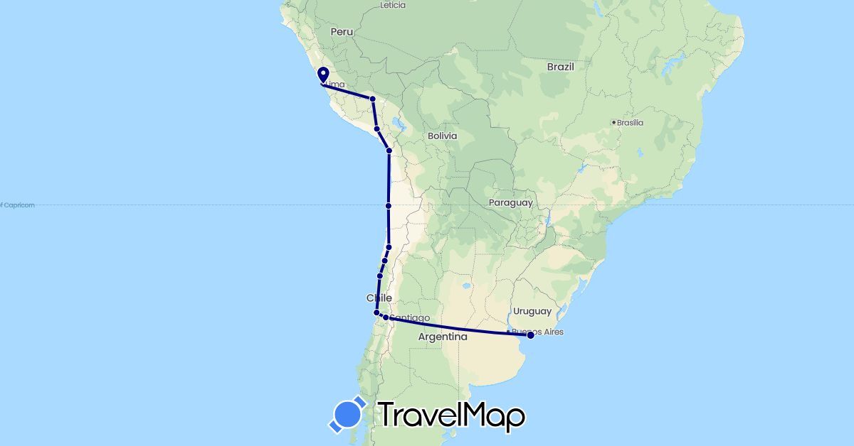 TravelMap itinerary: driving in Chile, Peru, Uruguay (South America)